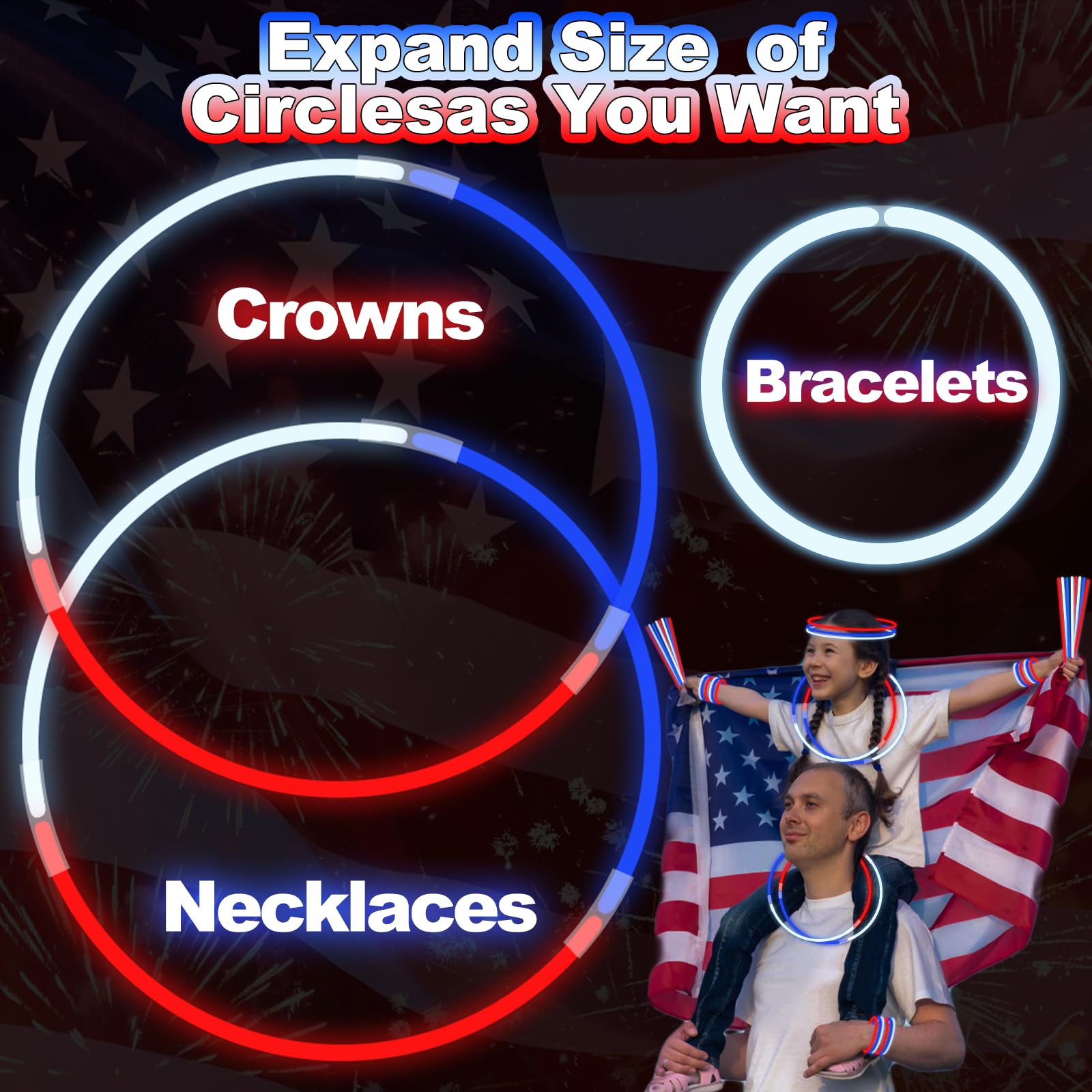 300 Pack 4th of July Glow Sticks Party Favors with Connectors,Patriotic Red White Blue Glow Stick Bracelets Nacklaces Glow in the Dark Party Accessories Memorial Day Decorations,250th Anniversary USA - Image 3