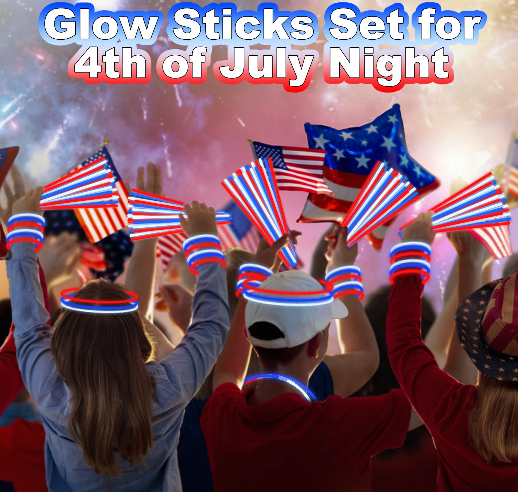 300 Pack 4th of July Glow Sticks Party Favors with Connectors,Patriotic Red White Blue Glow Stick Bracelets Nacklaces Glow in the Dark Party Accessories Memorial Day Decorations,250th Anniversary USA - Image 6
