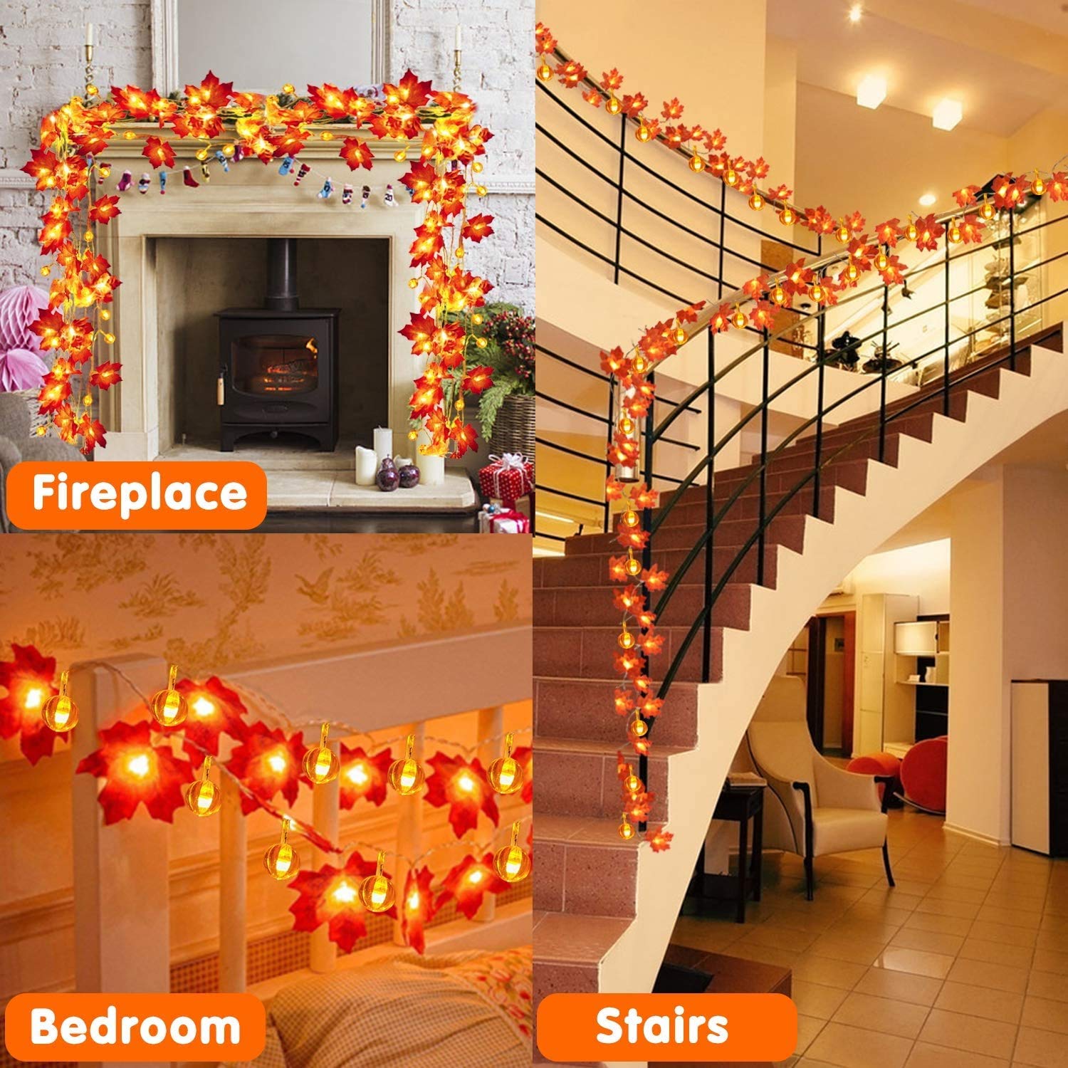 2 Pack Thanksgiving Decorations Fall Garland with Pumpkin Lights Fall Decorations for Home, Total 60 LED 20 Ft Maples Leaves Thanksgiving Lights Battery Operated Autumn Decor Indoor Outdoor Christmas - Image 5