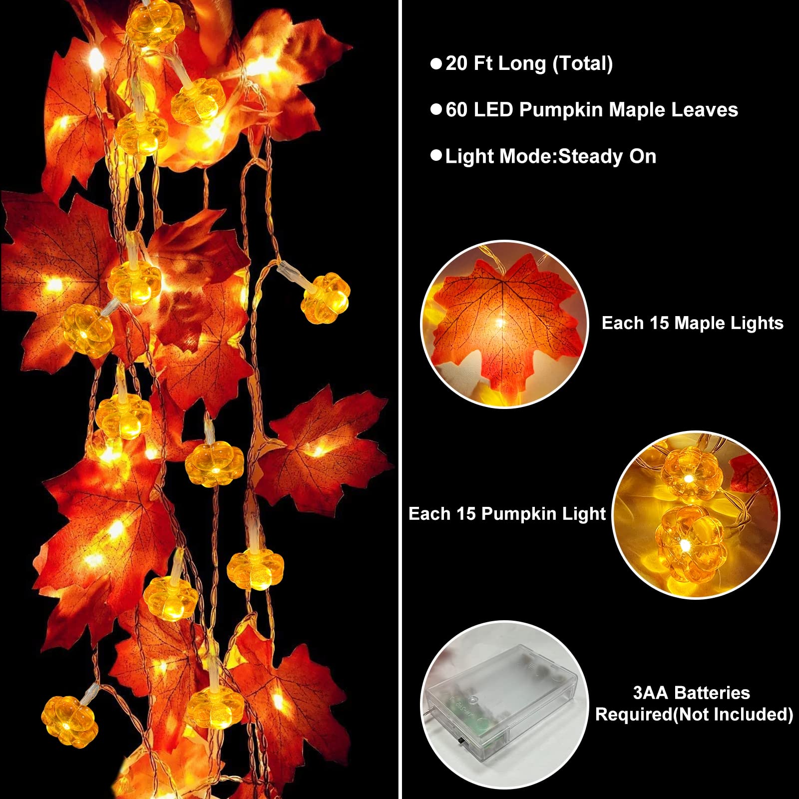 2 Pack & Timer - Thanksgiving Decorations Fall Garland with Pumpkin Lights Fall Decorations for Home, Total 60LED 20Ft Maples Leaves Thanksgiving Lights Battery Operated Indoor Outdoor Christmas Decor - Image 3