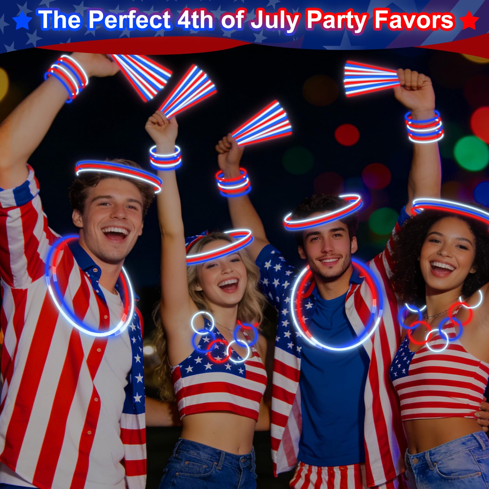200 Pack 4th of July Glow Sticks Party Favors with Connectors,Patriotic Red White Blue Glow Stick Bracelets Nacklaces Glow in the Dark Party Accessories Memorial Day Decorations,250th Anniversary USA - Image 4