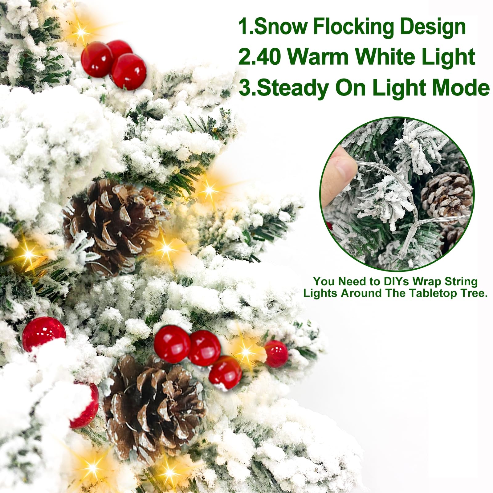 24 Inch Snow Flocked Mini Christmas Tree with 40 Warm Lights Timer, 2Ft Small Tabletop Christmas Tree Battery Operated 42 Red Berry Pinecone Burlap Base Xmas Tree Indoor Home Table Fireplace Decor - Image 3