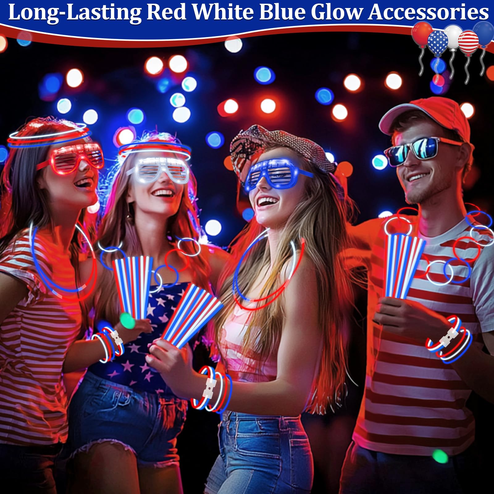 248 Pcs 4th of July Light Up Party Favors, 24 Red White Blue Glasses 200 Patriotic Glow Sticks Bulk with Connectors Glow in the Dark Party Supplies 250th Anniversary USA,Independence Day Decor - Image 5