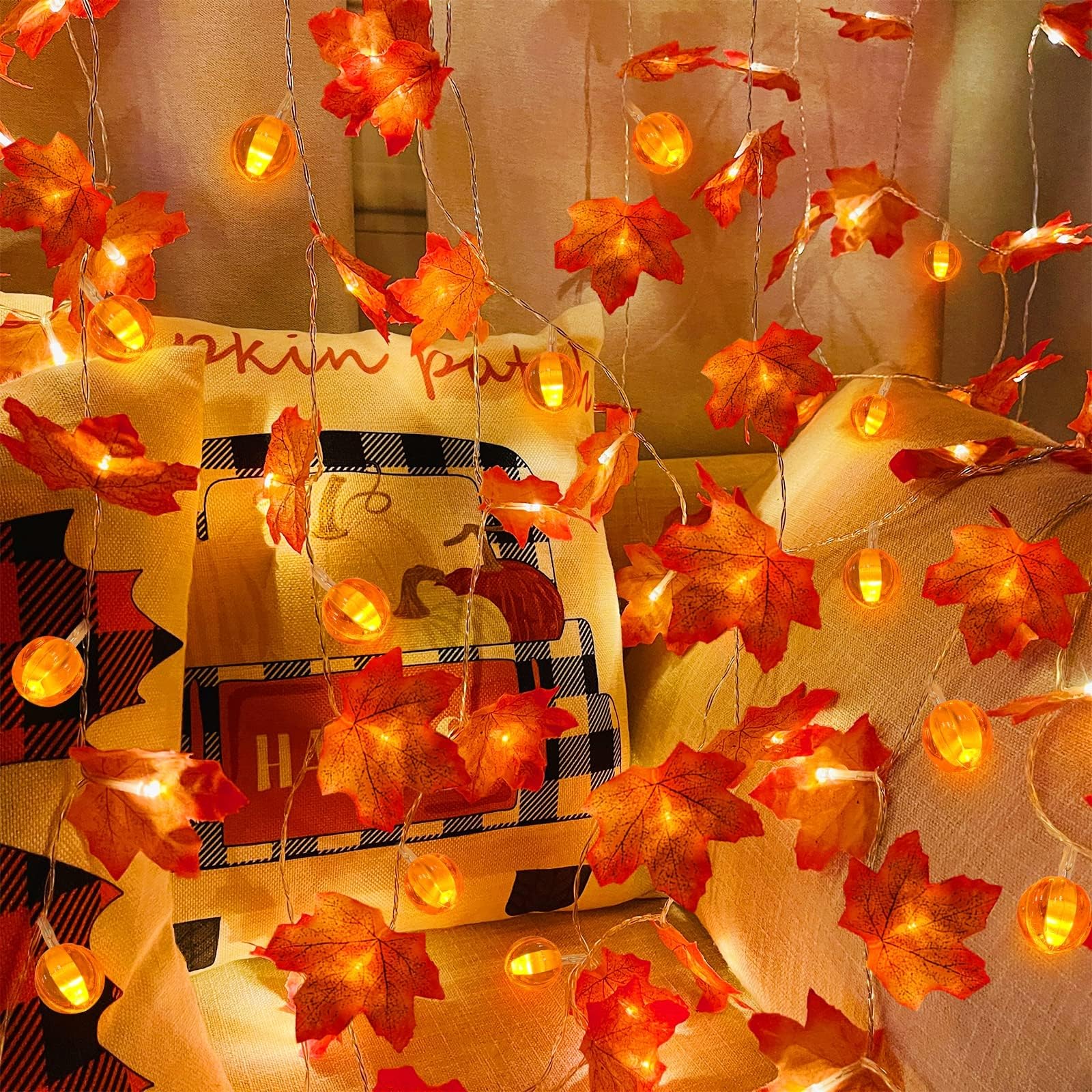 3 Pack&Timer - Fall Decor Fall Garland with Pumpkin Lights Thanksgiving Fall Decorations for Home, 30Ft 60LED 3D Pumpkin Fall Lights Patented Enlarged Maples Leaf Battery Operated Halloween Decor - Image 4