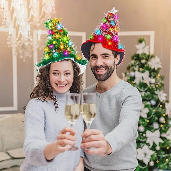 Camlinbo 2 Pcs Christmas Hats, Tinsel Tree Santa Hat with 30 Colored LED Lights, 3 Lighting Modes, Xmas Party Costume Accessories - Image 4