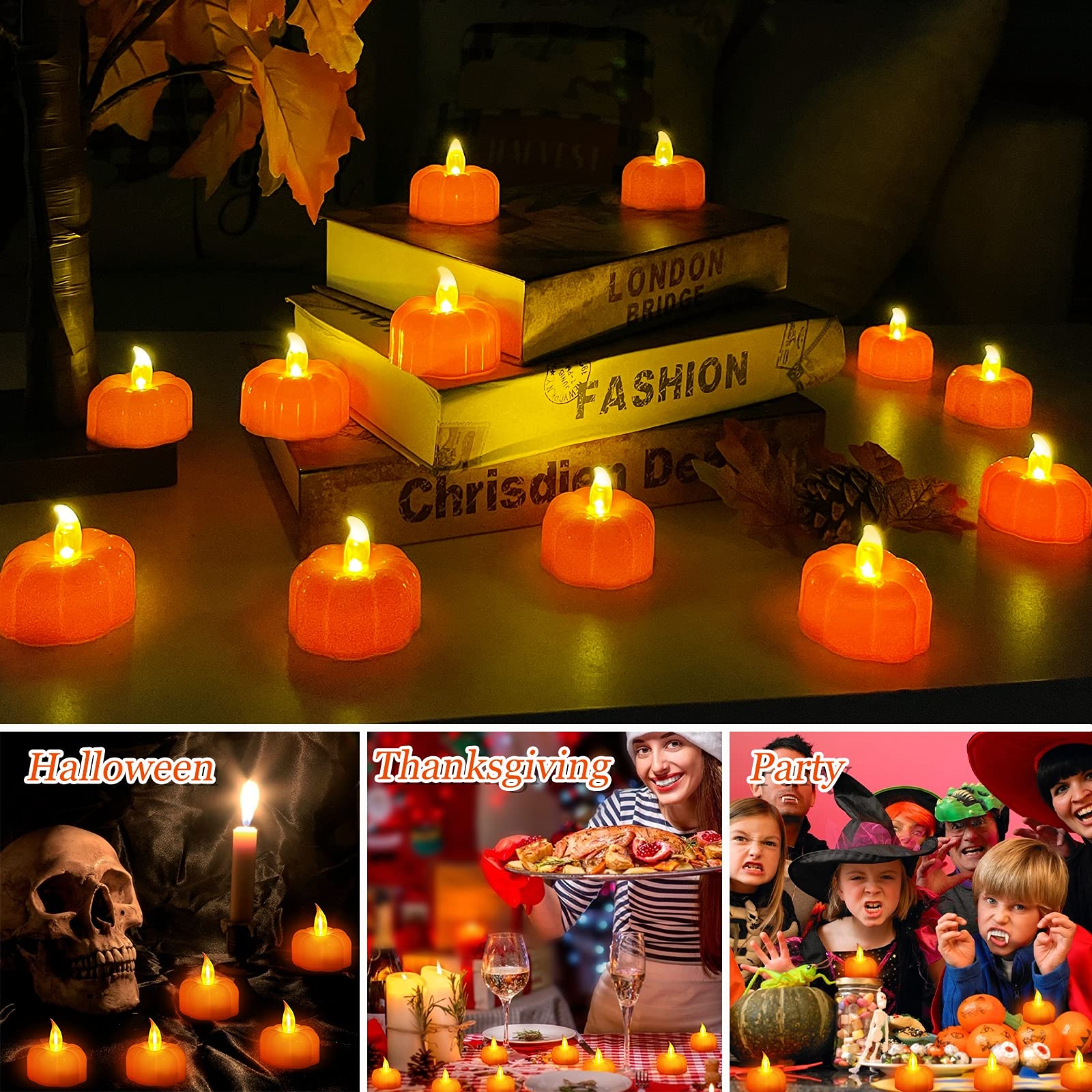 Fall Decorations for Home Pumpkin Tea Lights, 12 Pack LED Orange Pumpkin Lights Flame Less Candles Battery Operated Thanksgiving Decorations Flickering Tealights Candles for Home Indoor Party Decor - Image 6