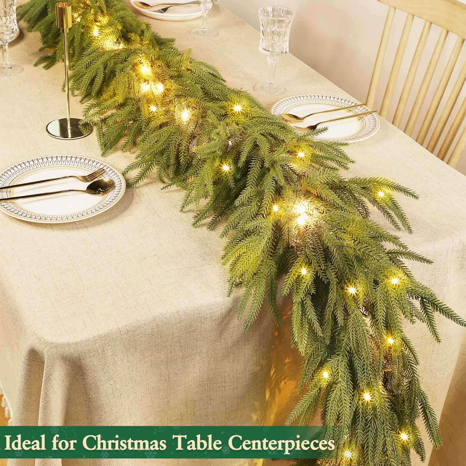 Prelit & Timer - 6 Ft by 10 Inch Lighted Christmas Garland Norfolk Pine Garland Real Touch Cedar Garlands Realistic Soft Thickness Greenery Garlands 120 Branches Tips for Table Mantle Fireplace Stairs - Image 4
