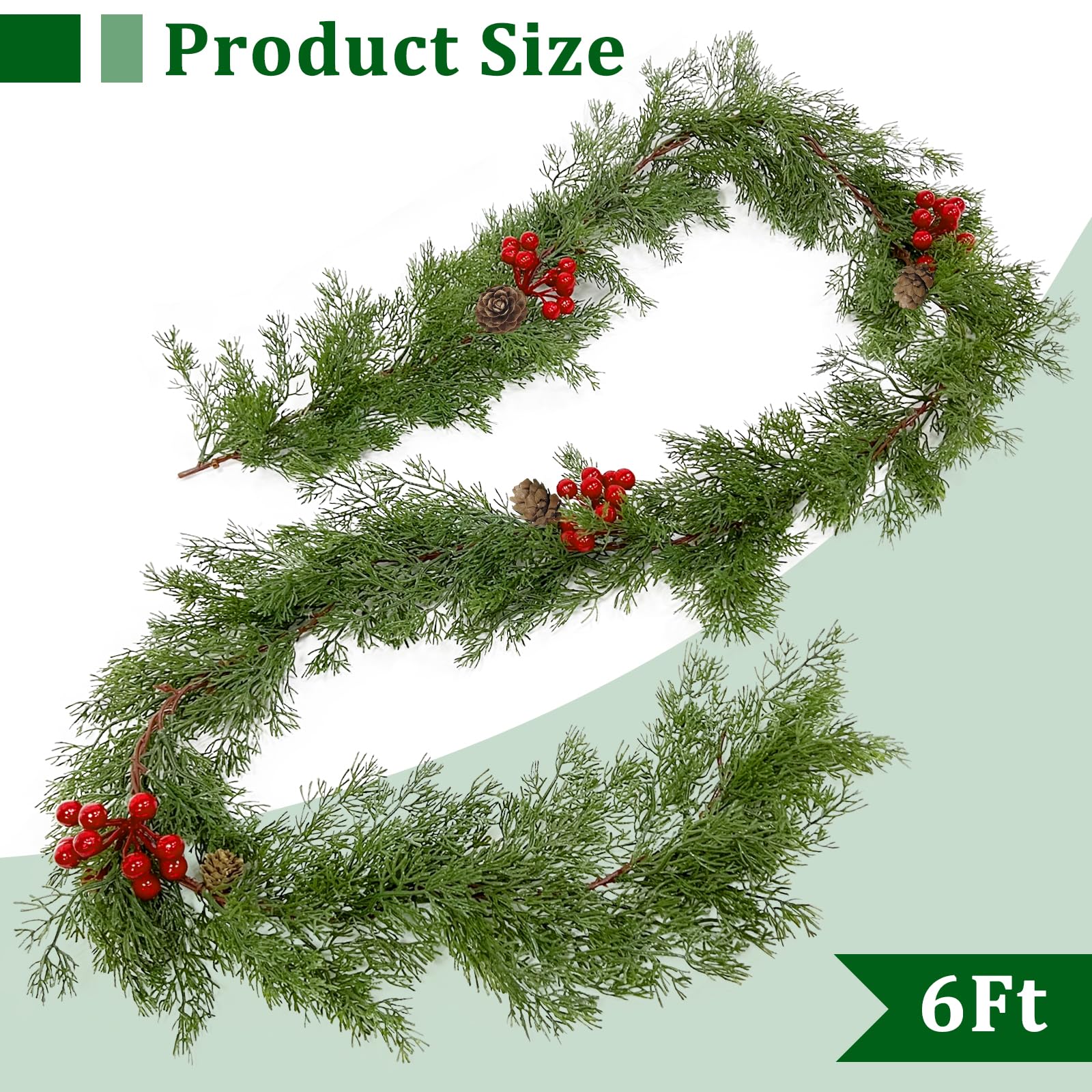 Prelit & Timer - 6 Ft Real Touch Christmas Cedar Garland with Lights, Lighted Christmas Garland for mantle Table Holiday, Soft Greenery Pine Cypress Garlands Pinecone Berry Battery Operated Xmas Decor - Image 6