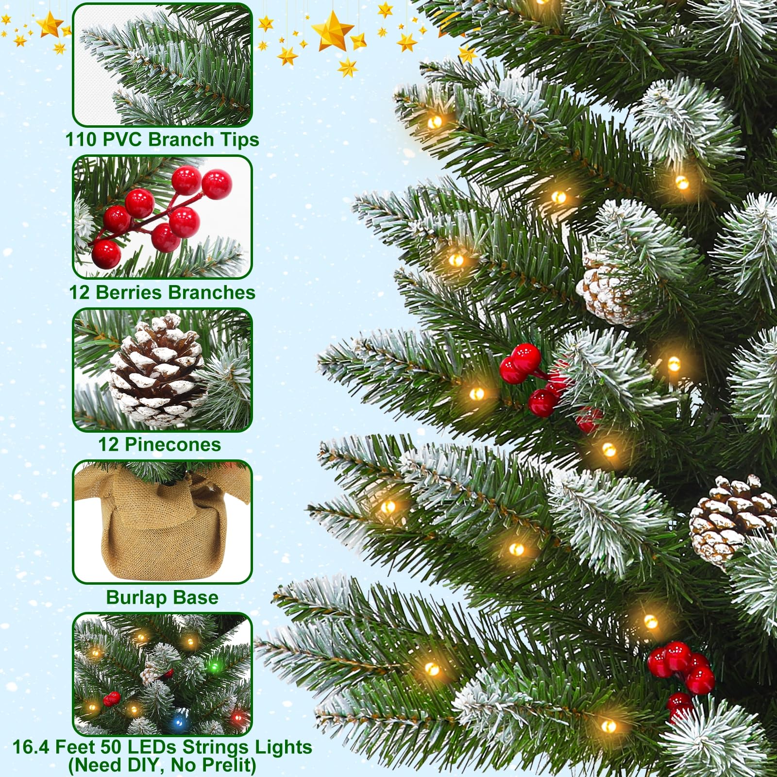 Remote Control - 3 Ft Artificial Mini Christmas Tree, Snowy Tabletop Christmas Tree 50 Warm White & Colorful Lights Timer Battery Operated 110 Branches 12 Pinecones 84 Red Berry Burlap Base Xmas Decor - Image 3
