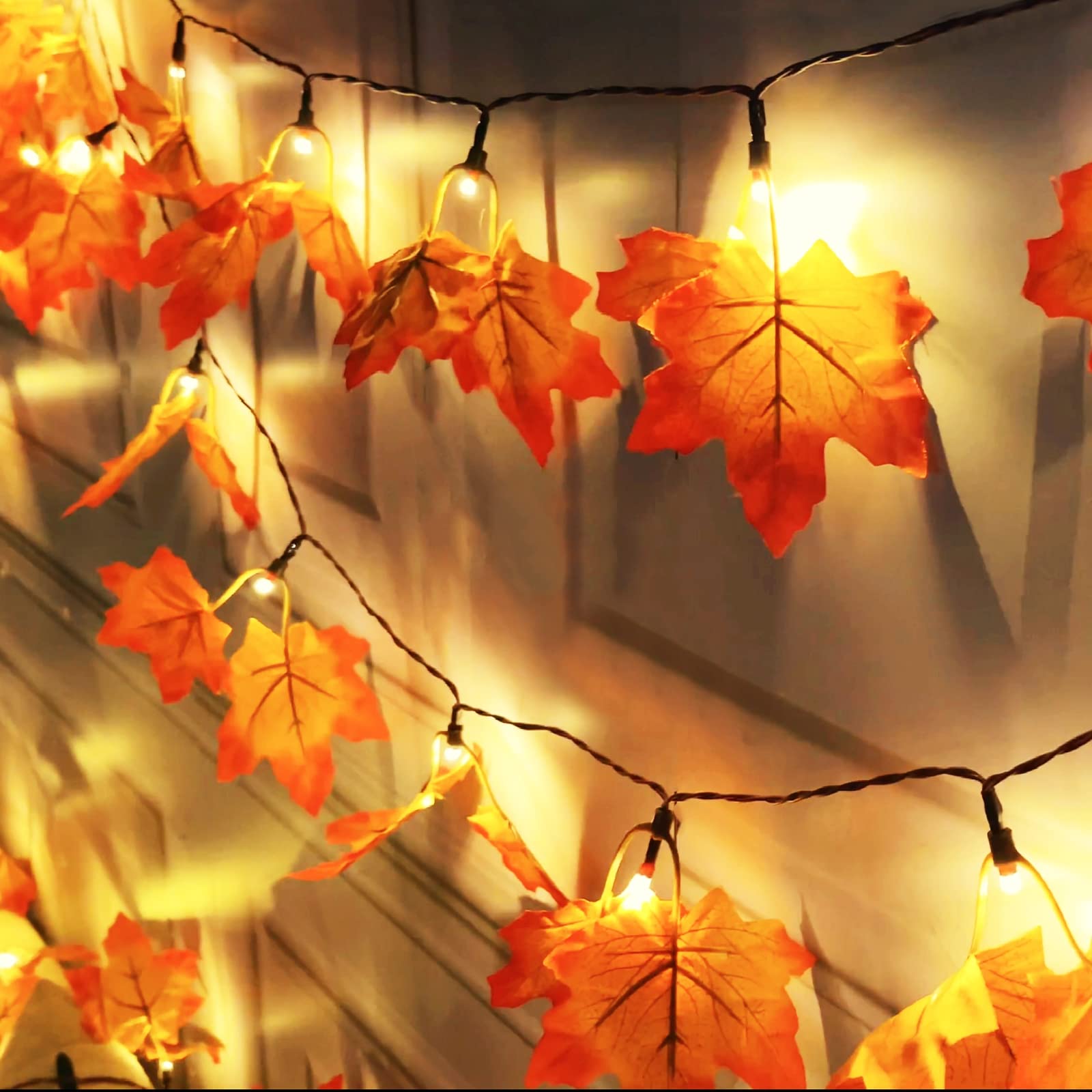 Timer & Thicker Leaves - 2 Pack Fall Garland with Lights Thanksgiving Fall Decorations for Home Total 80 Leaves 40LED 13Ft Battery Operated Lighted Thanksgiving Garland Home Indoor Outdoor Christmas - Image 7