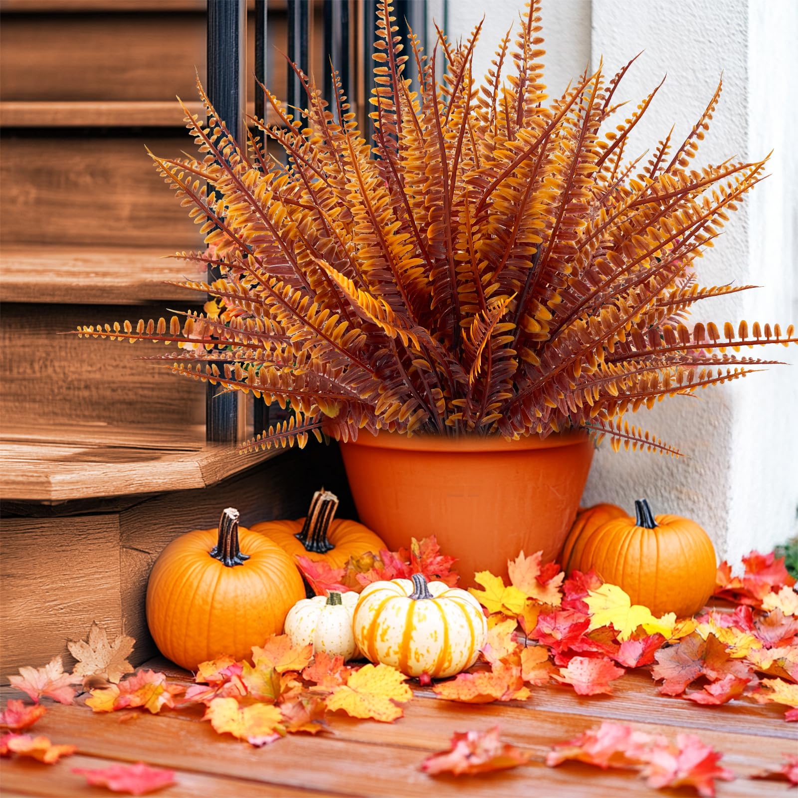 TURNMEON 12 Bundles Artificial Fall Flowers for Outdoors Fall Thanksgiving Decorations, UV Resistant Fall Plants Faux Boston Fern Fake Mums Plastic Greenery Shrubs for Home Porch Gardens Autumn Decor - Image 4