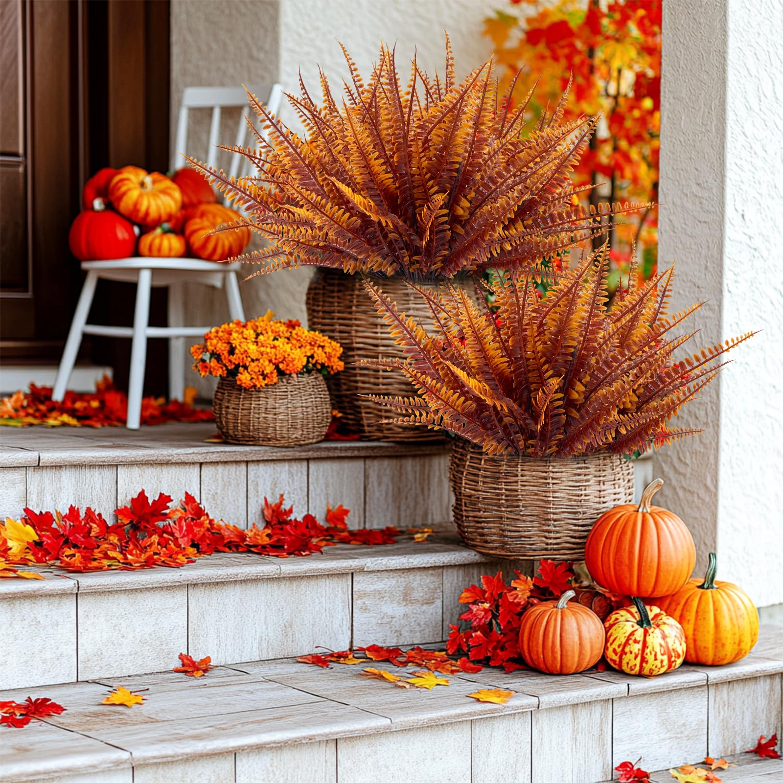 TURNMEON 12 Bundles Artificial Fall Flowers for Outdoors Fall Thanksgiving Decorations, UV Resistant Fall Plants Faux Boston Fern Fake Mums Plastic Greenery Shrubs for Home Porch Gardens Autumn Decor - Image 5