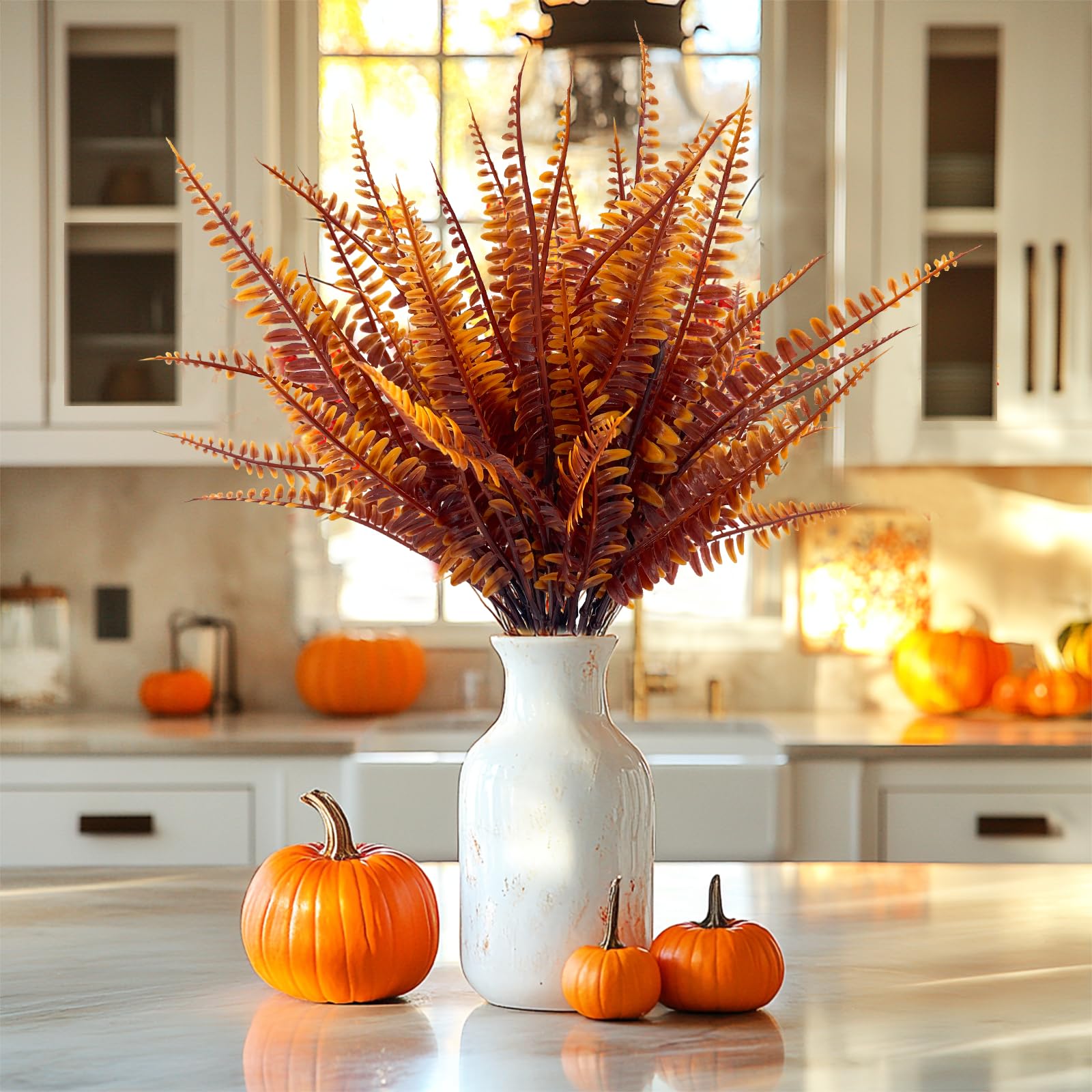 TURNMEON 12 Bundles Artificial Fall Flowers for Outdoors Fall Thanksgiving Decorations, UV Resistant Fall Plants Faux Boston Fern Fake Mums Plastic Greenery Shrubs for Home Porch Gardens Autumn Decor - Image 3
